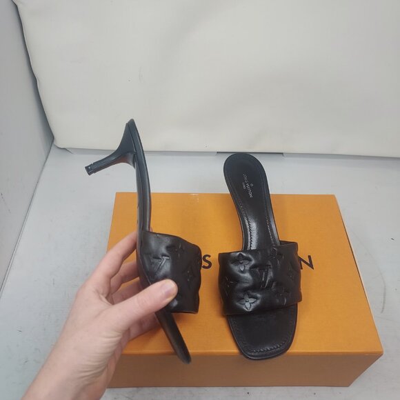 LOUIS VUITTON LV Monogram Black Embossed Revival Heel Sandal - Picture 1 of 12